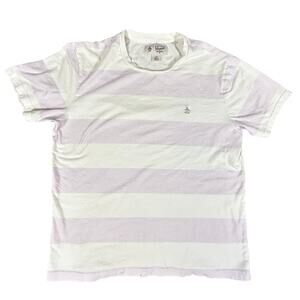 Penguin by Munsingwear Striped T Shirt Men L Purple/White 100% Cotton Chest Logo